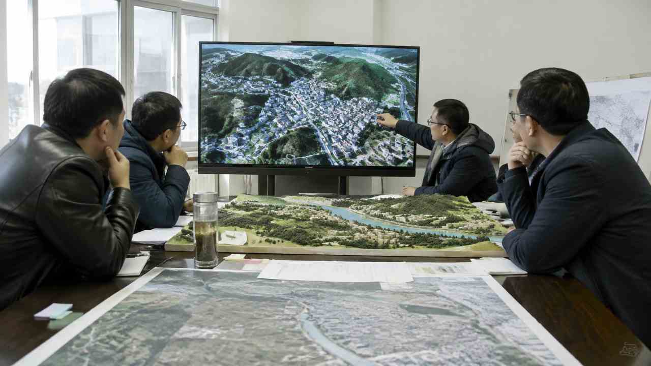 人员在大屏前查看片区三维规划画面