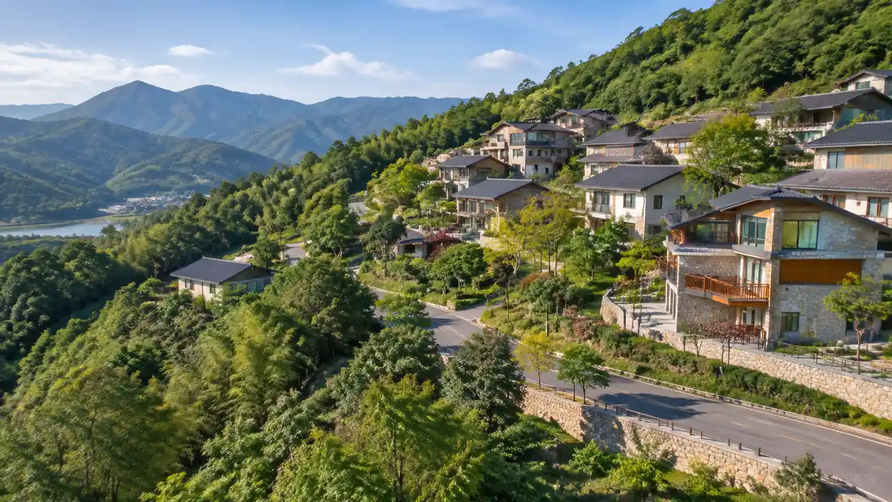 低空斜拍视角下的丘陵与建筑交界地带,坡地、植被与建筑群的空间关系清晰可辨