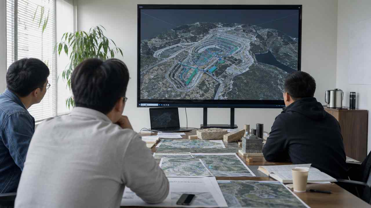 项目团队在屏幕前查看地形场景