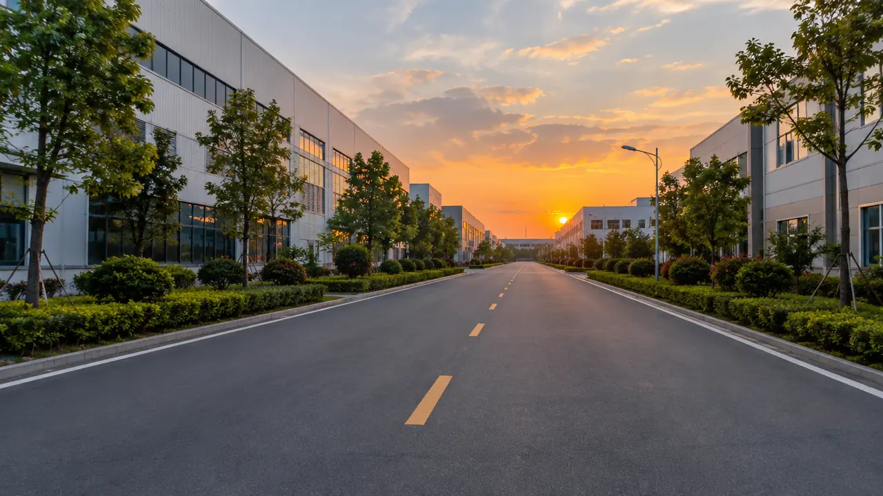 园区道路人视场景，园区主干道、两侧厂房与绿化带构成整洁的作业环境