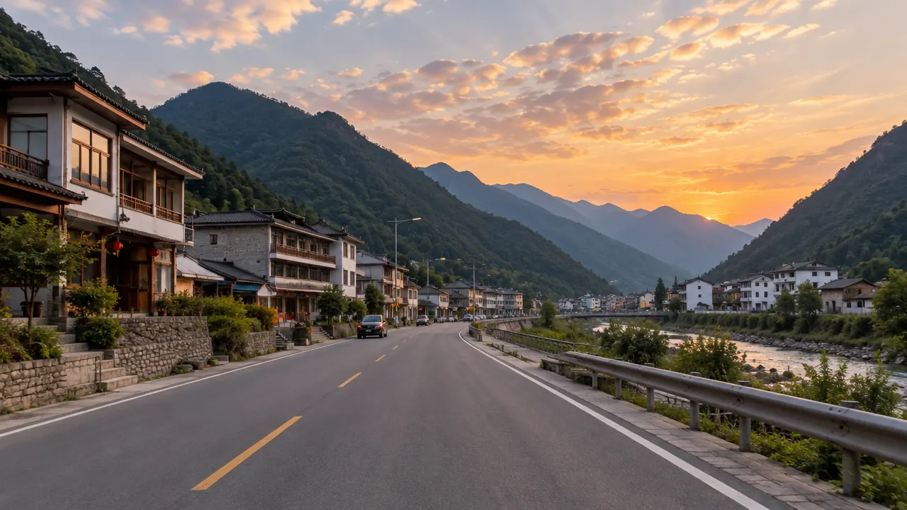 山谷集镇与过境道路的低空视角场景