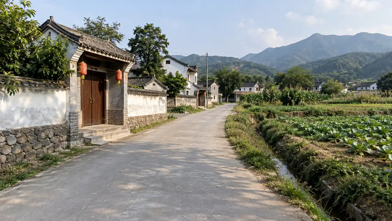 村口道路人视:村庄道路、院落门楼与农田