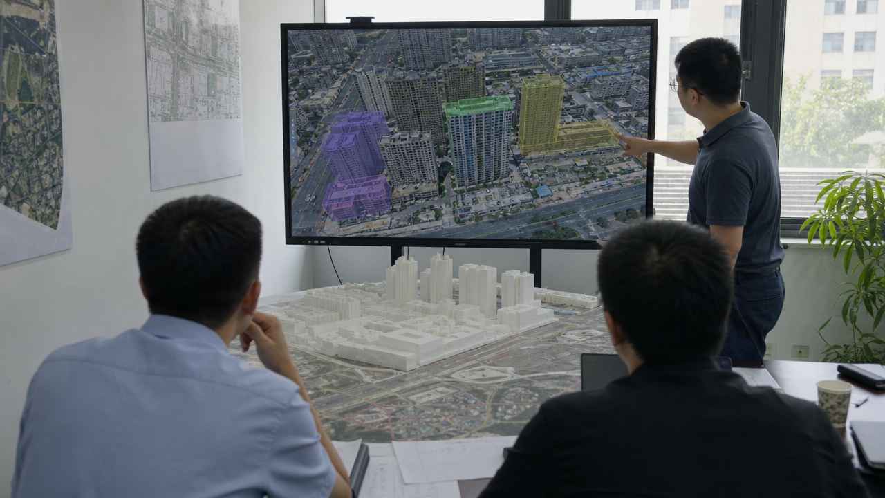 男子指点城市三维模型大屏