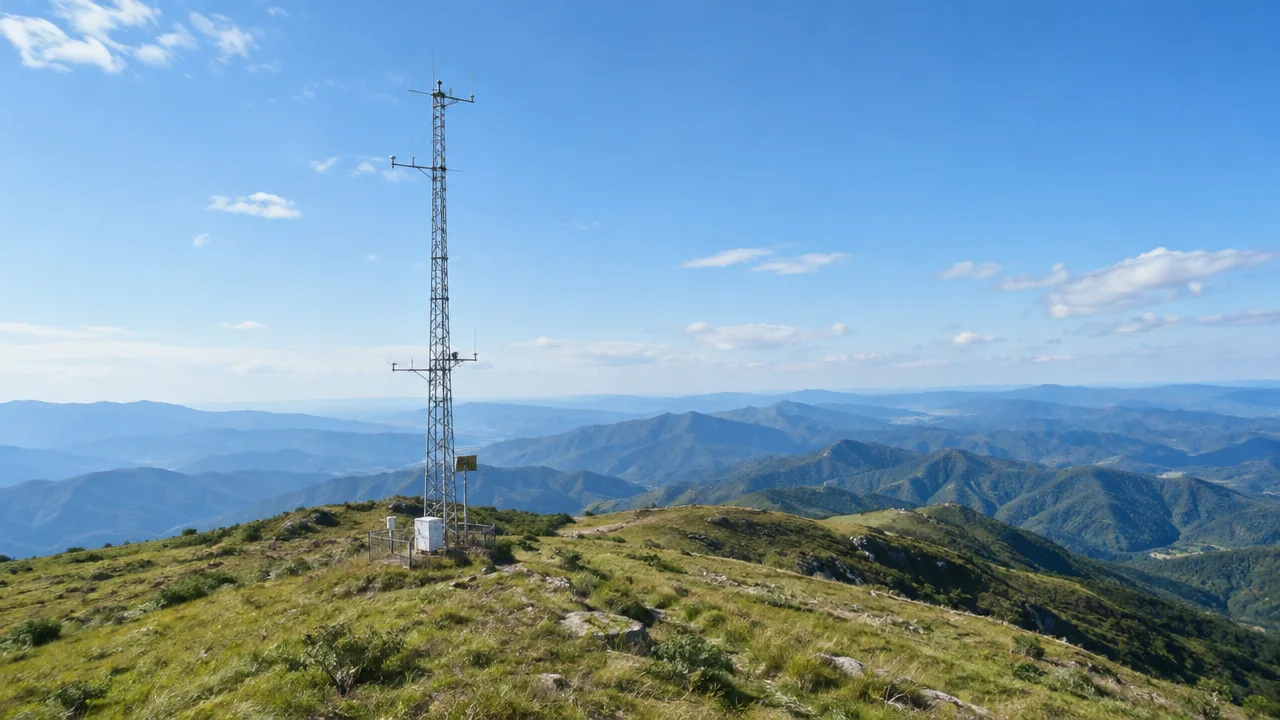 山顶测风塔与山脊轮廓的低空视角场景