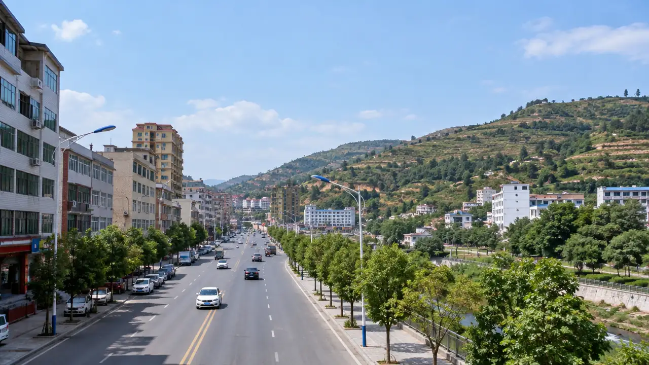 县城与周边台地道路的低空视角场景