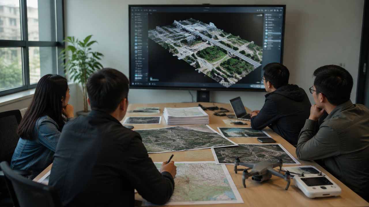团队在屏幕前查看建筑模型