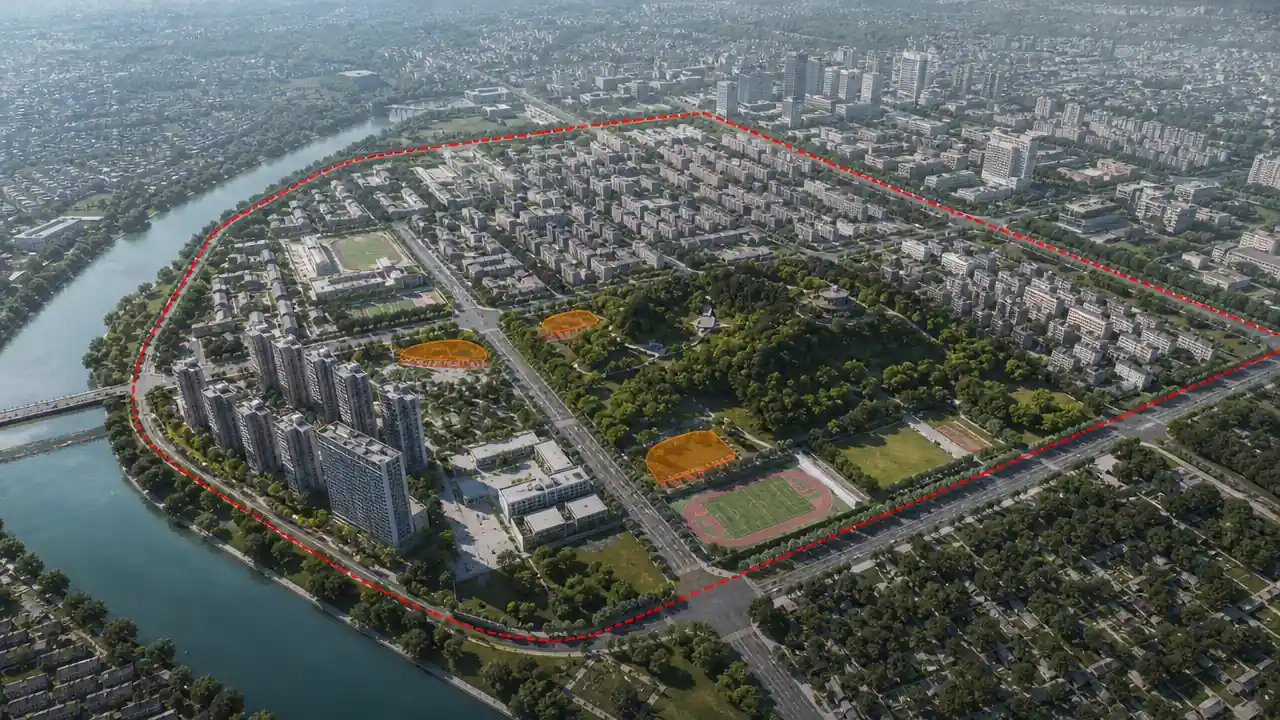 滨河城区与红色边界标注