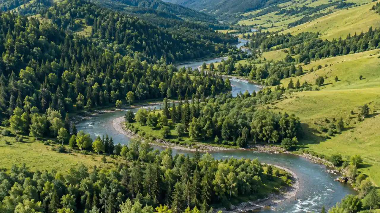 丘陵林地与蜿蜒溪谷的航拍纯场景