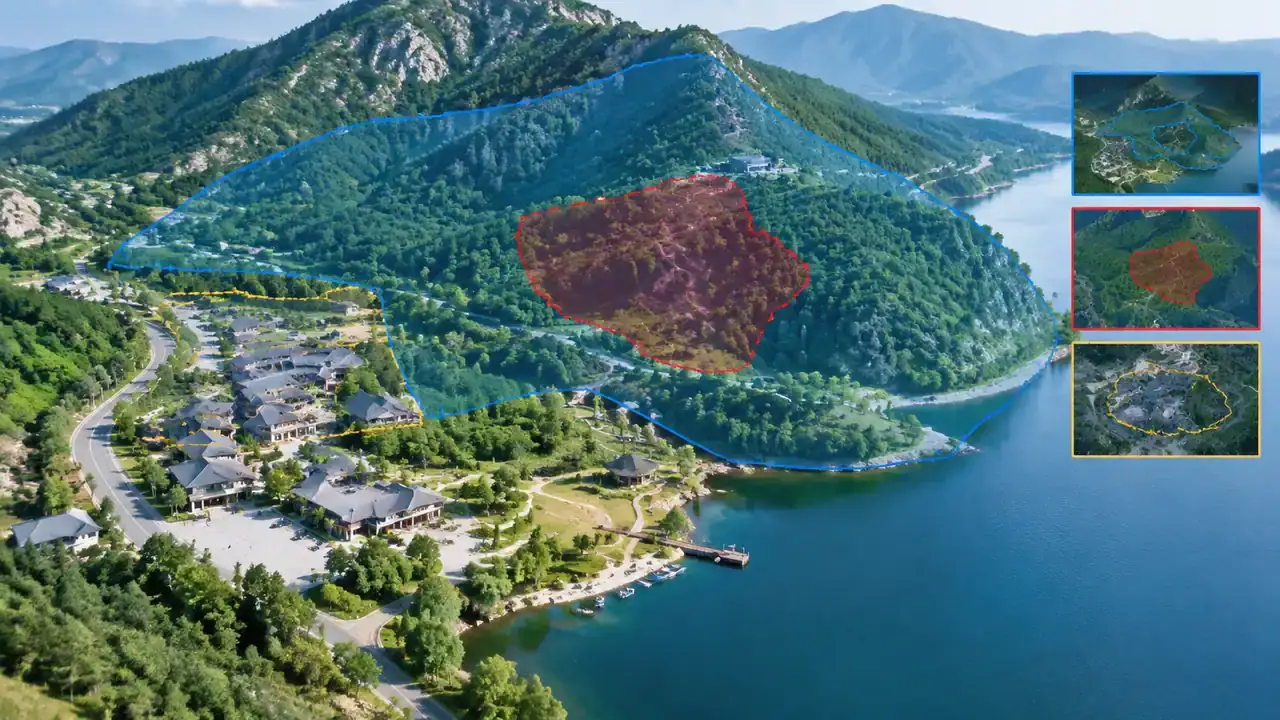 湖畔山体与红色范围标记