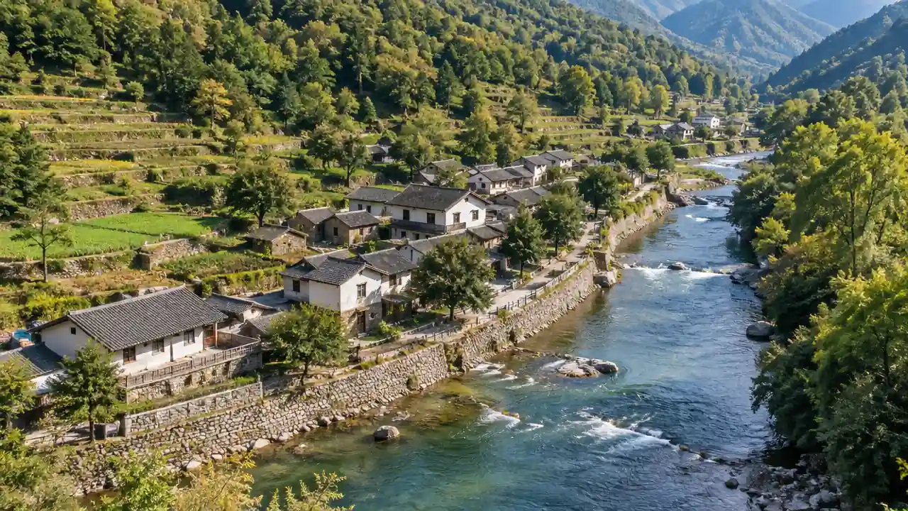 河谷阶地与沿河村落交错的斜俯航拍场景