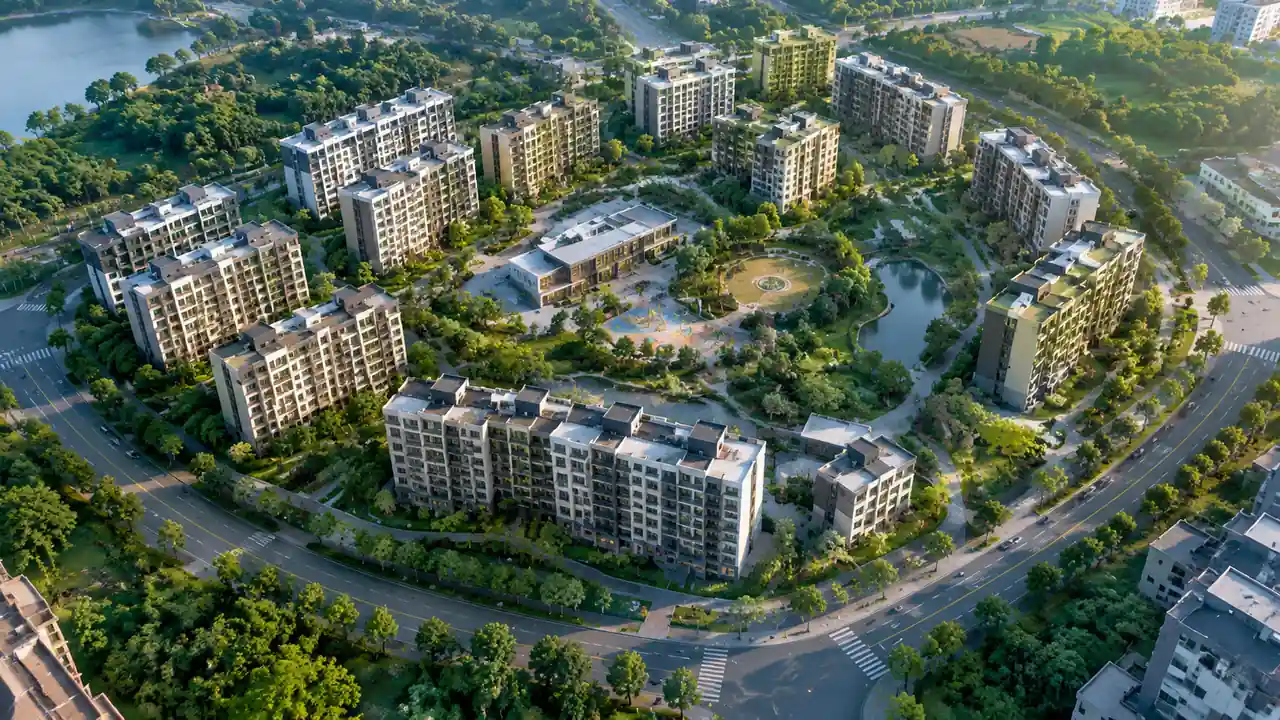 大型综合社区航拍:成组团居住楼、社区中心与环形道路