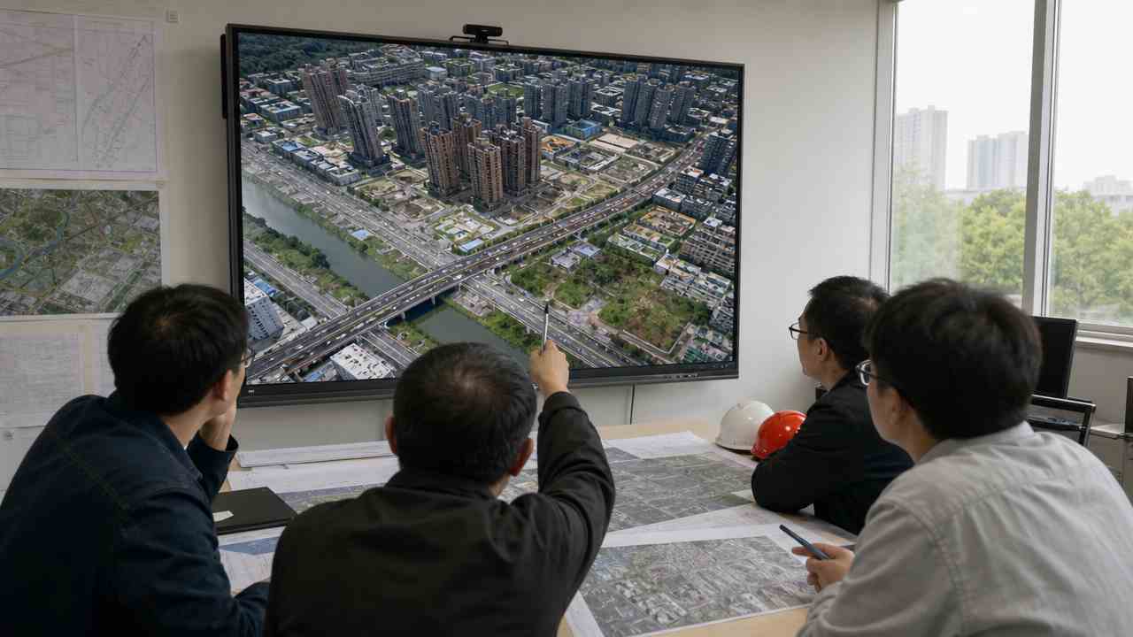 讲解者指向城市三维屏幕的会议场景