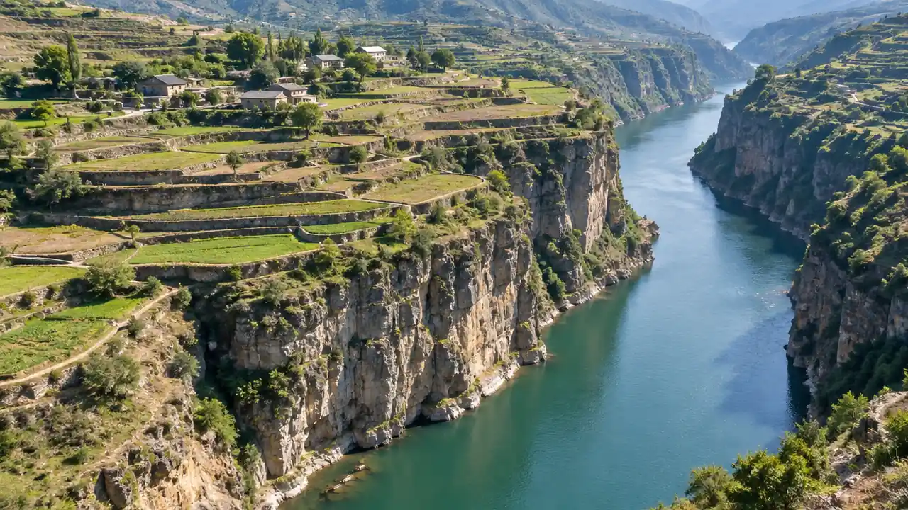 河谷两岸台地与陡岸的斜俯航拍场景
