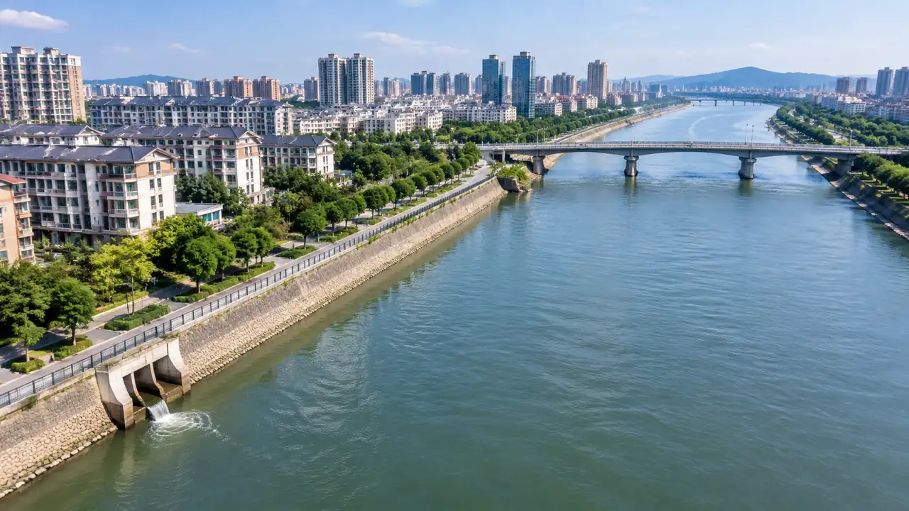 沿江城市高层建筑、桥梁与滨水道路的航拍