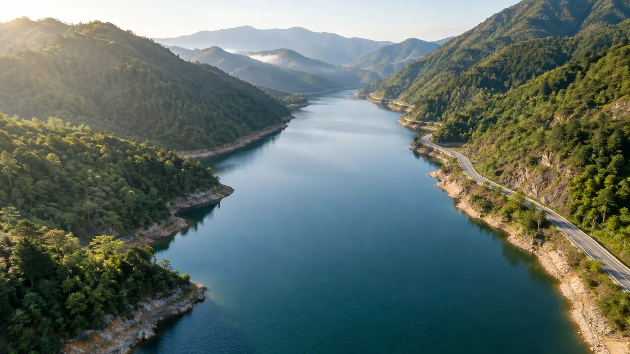 群山之间的狭长湖面与岸线