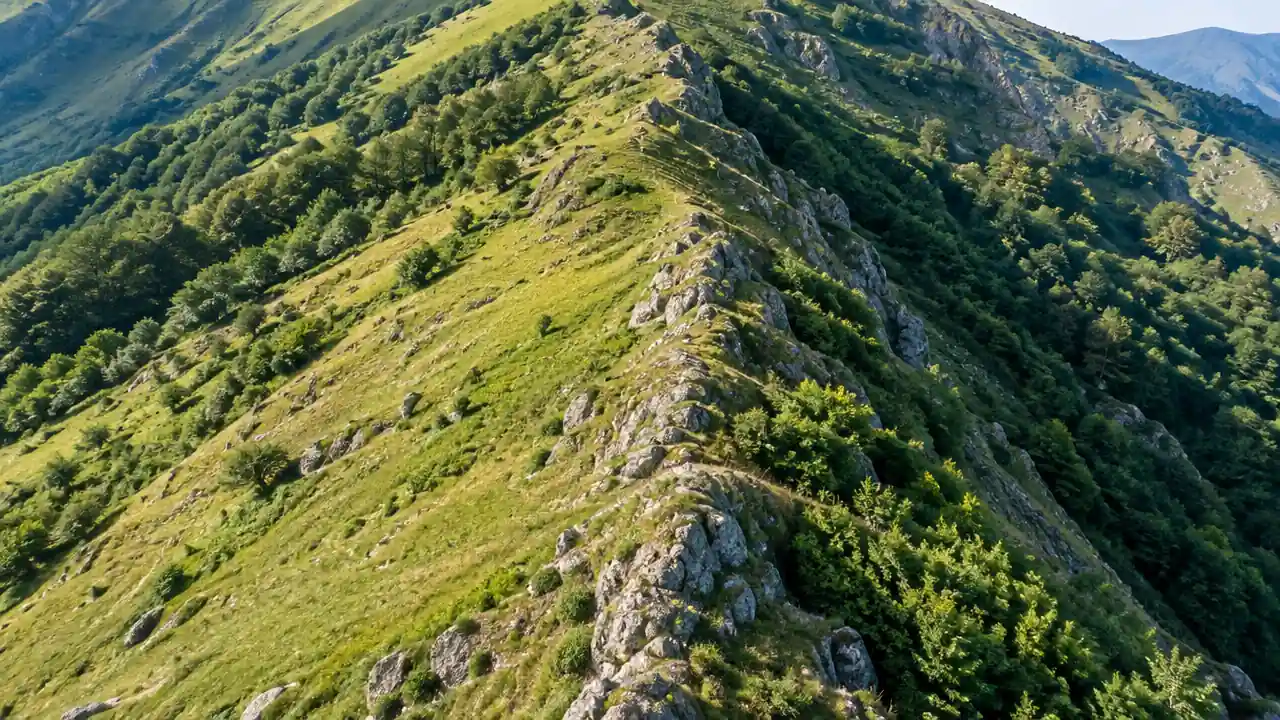 山脊两侧坡地与植被的斜俯航拍场景