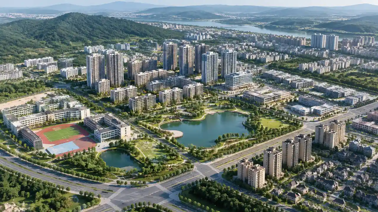 城市校园、湖泊与高层住宅航拍