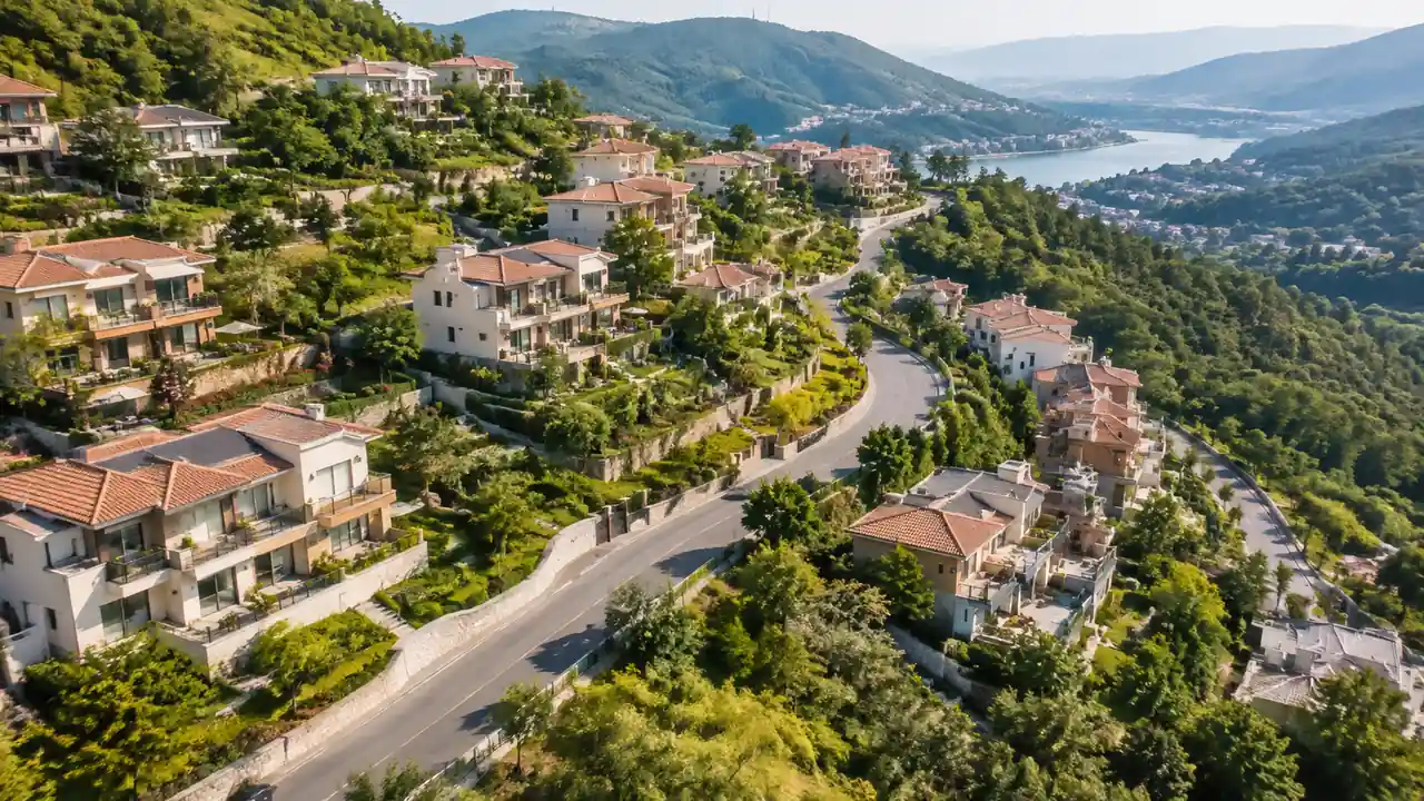 丘陵地带住宅群航拍:坡地建筑与道路依山势展开