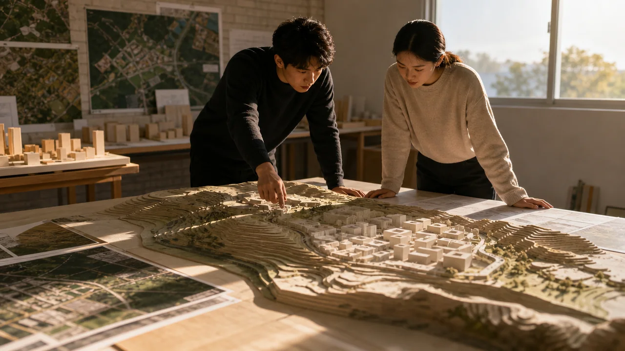 两人俯身查看地形沙盘模型