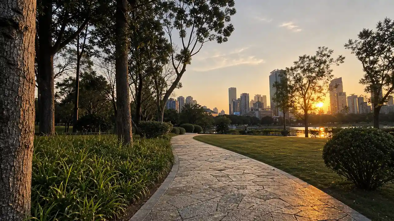 公园低视角望向城市建筑群的广角场景,步道、树木与楼宇层次分明