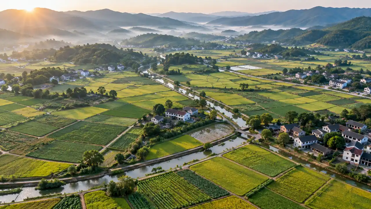 丘陵农田与灌溉渠系交错的航拍纯场景