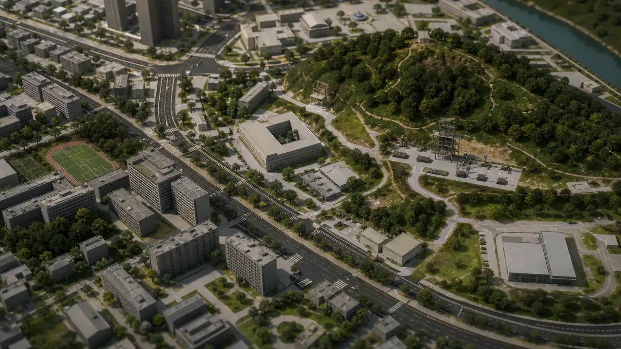 山坡校园建筑与道路俯瞰
