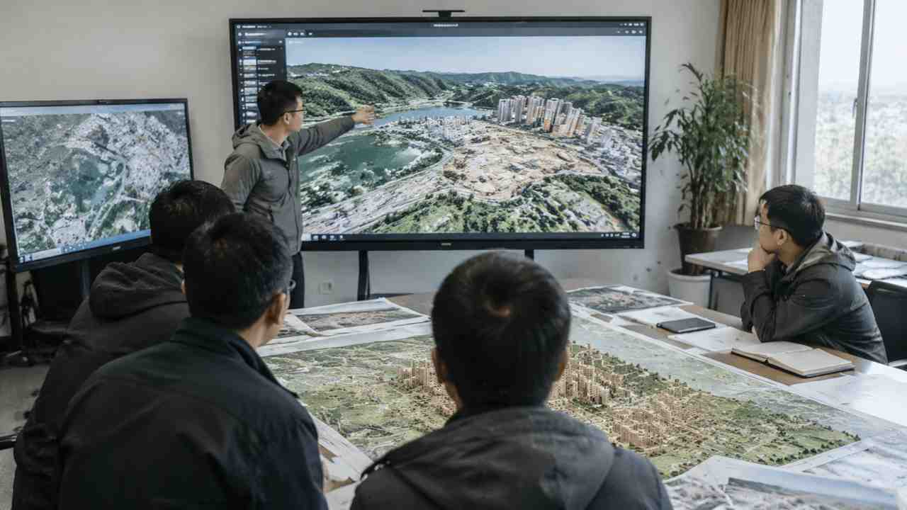 会议室内多人查看地形大屏与图纸