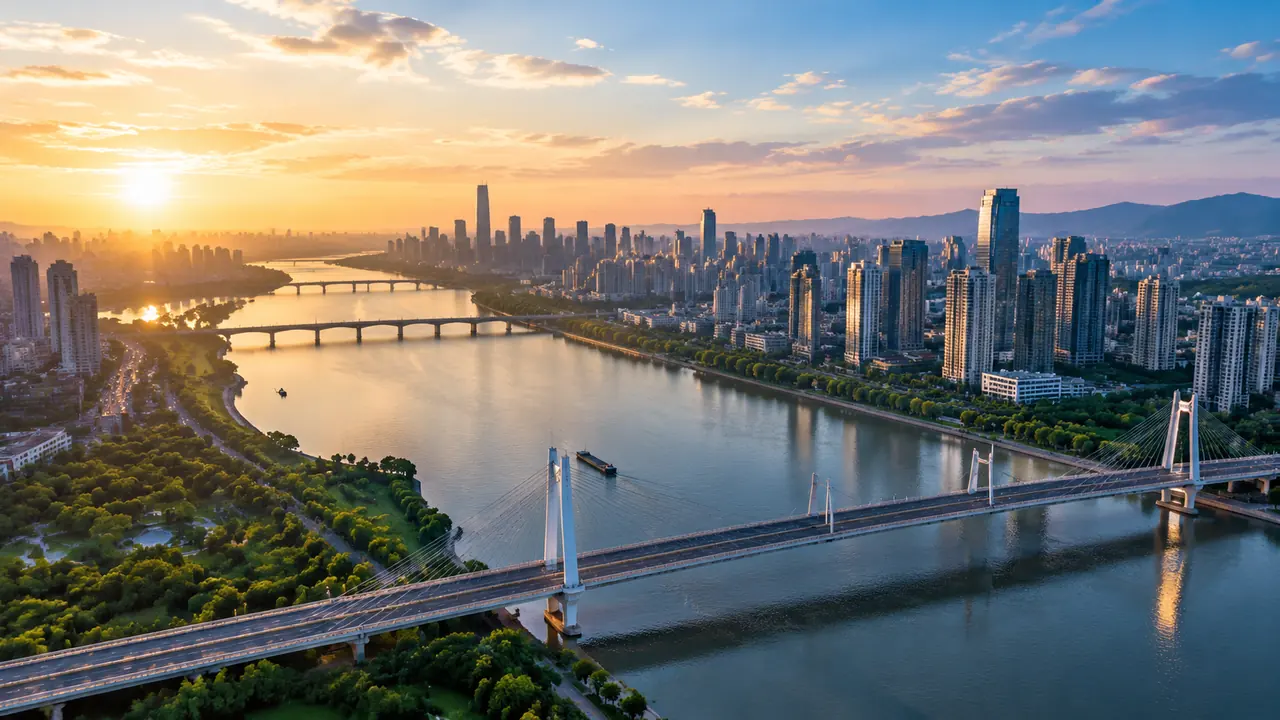城市全景航拍场景，江河穿城的建筑群、桥梁与两岸绿化在晨光中展开