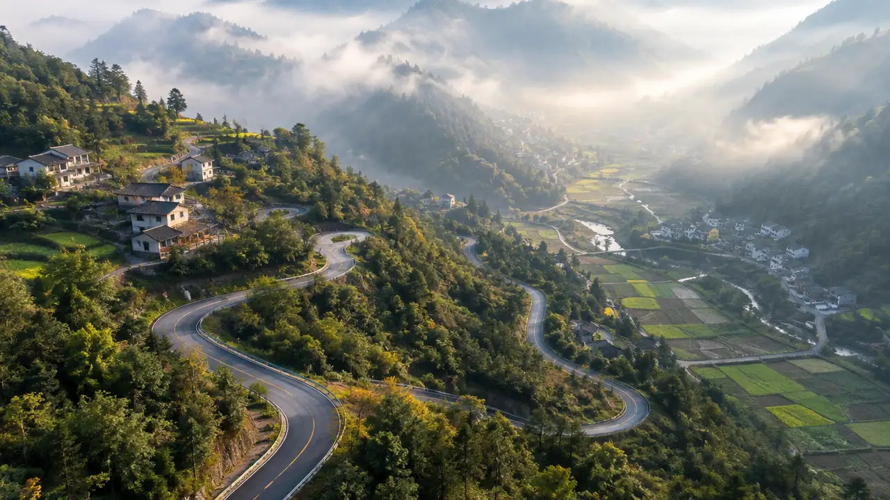 盘山公路与山谷村镇的航拍纯场景