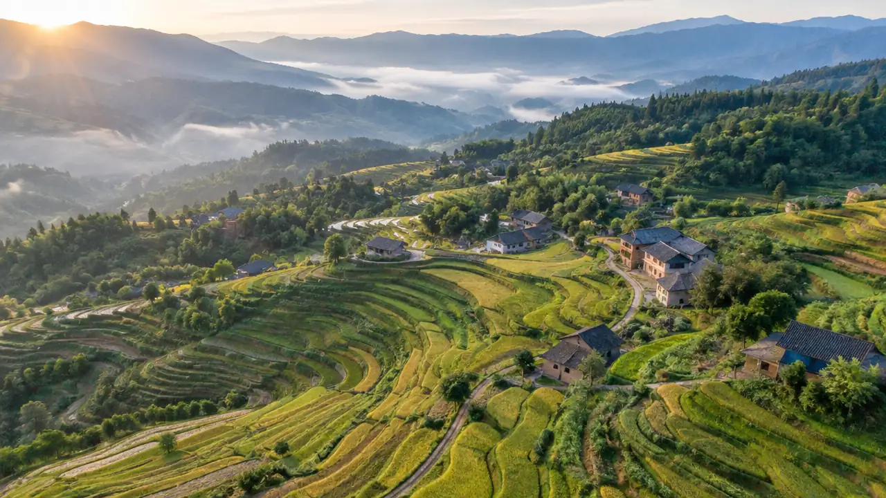 层叠梯田与丘陵坡地的航拍纯场景
