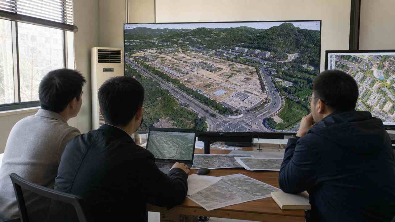 技术人员在屏幕前查看城市片区三维模型