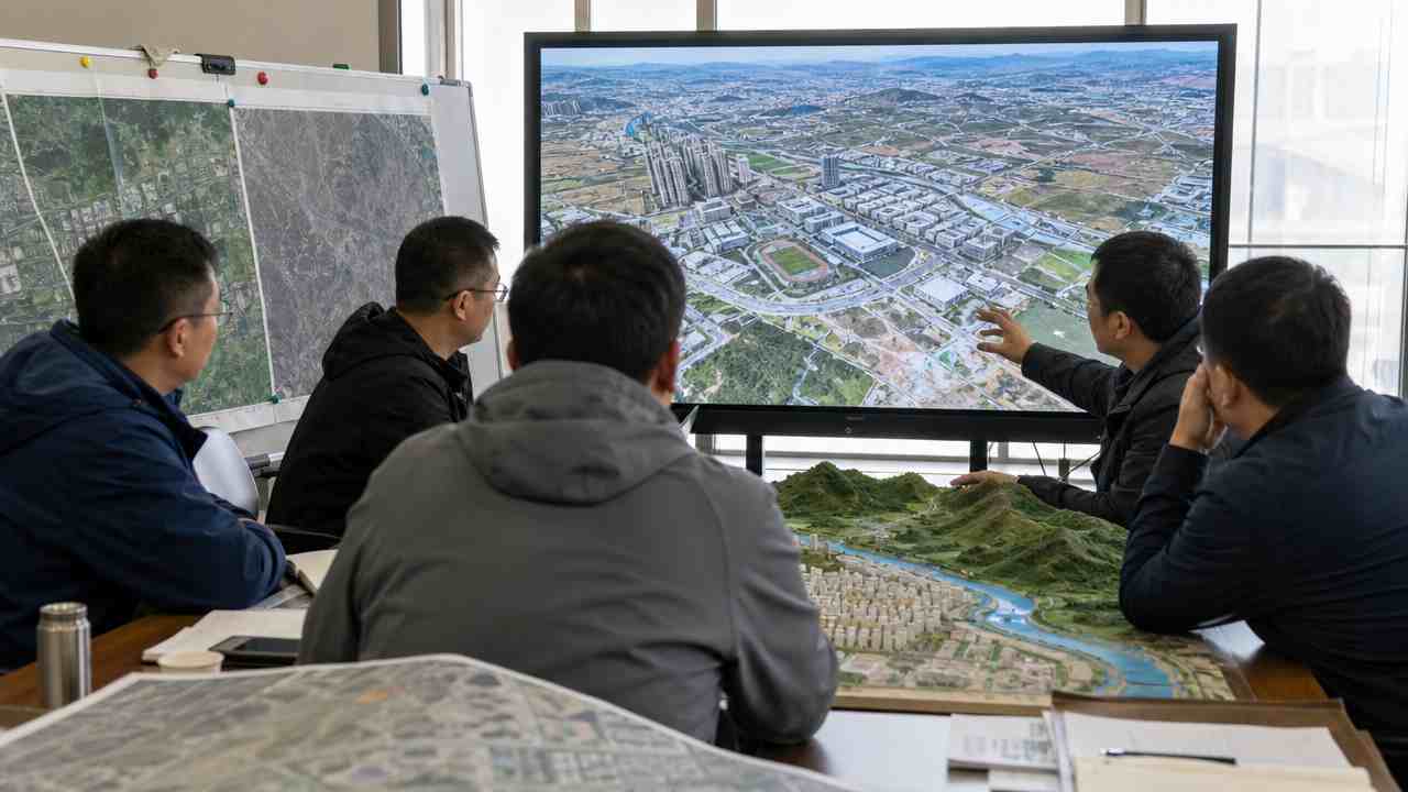 团队在大屏前指点城市航拍图