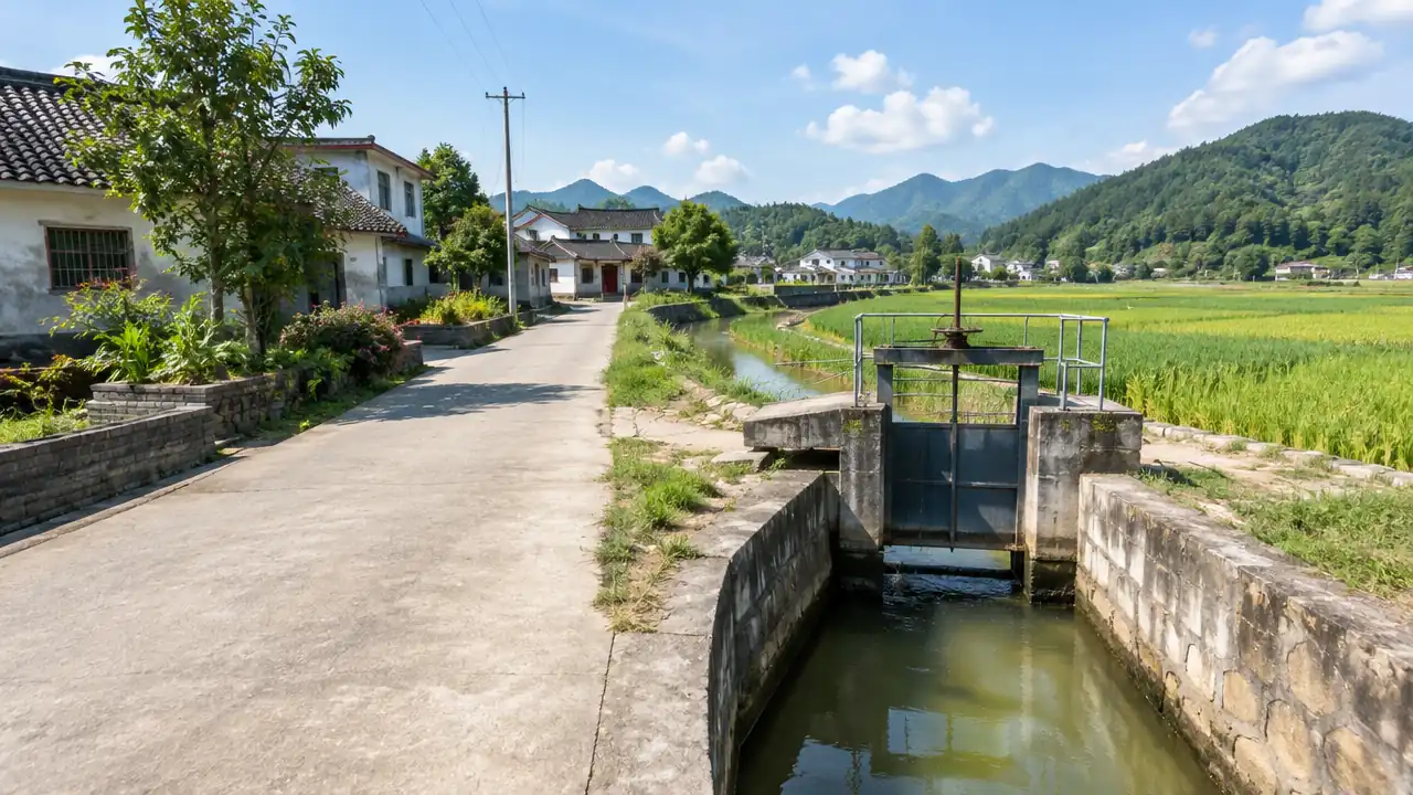村庄道路与农田水利设施的低空视角场景