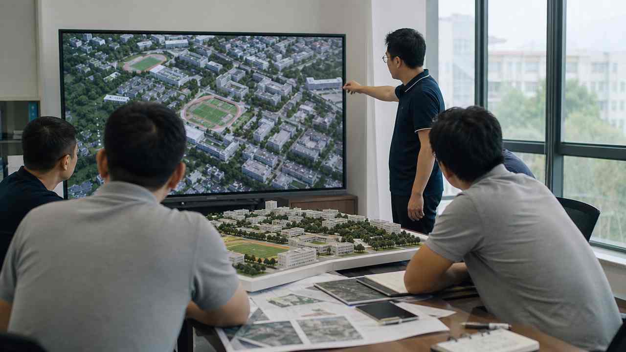 团队围看街区模型屏幕的讨论场景