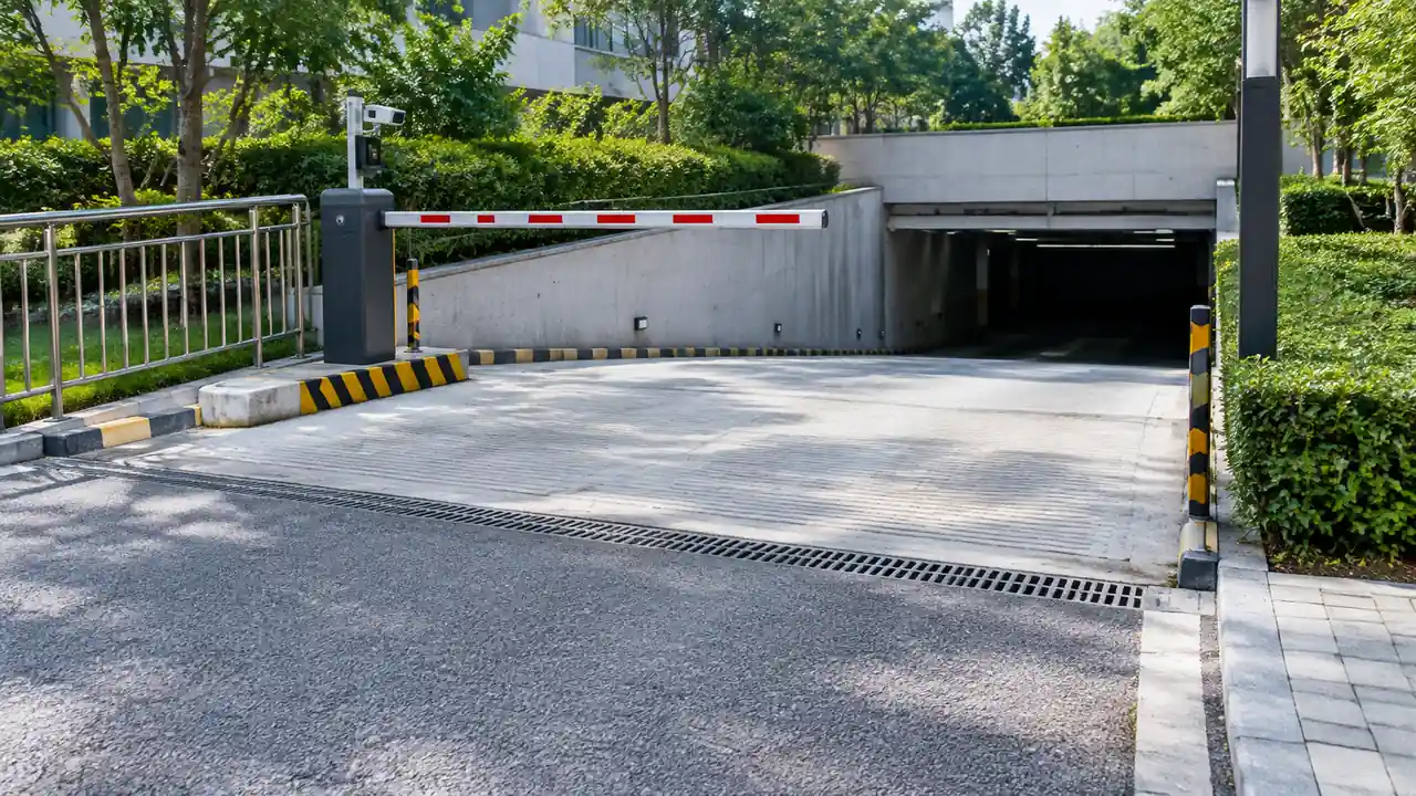 停车场入口的道闸与岗亭