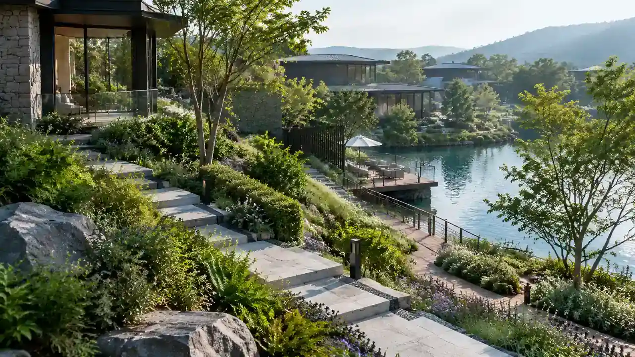 临水景观平台与植物的近景