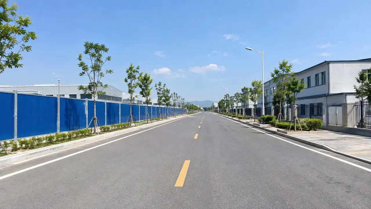开发区干道人视:空旷道路、围挡与低层建筑