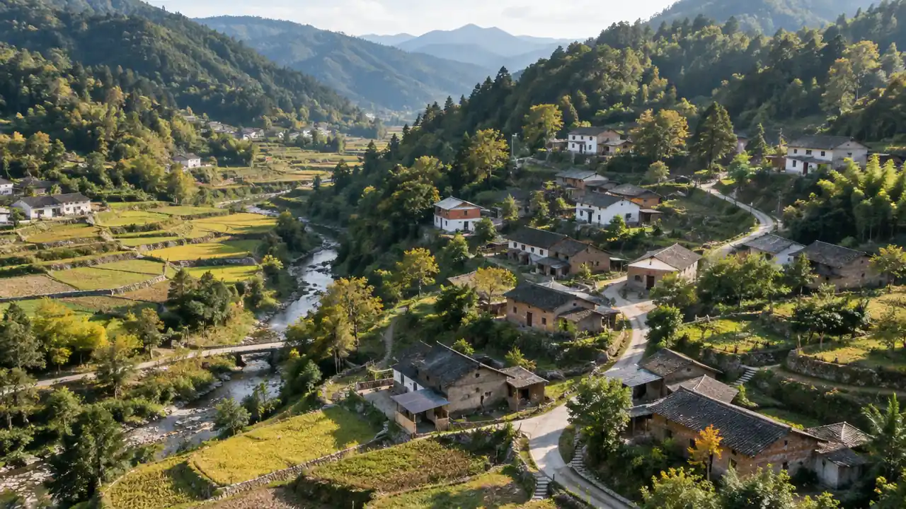 山谷中乡村聚落与耕地交错的斜俯航拍场景