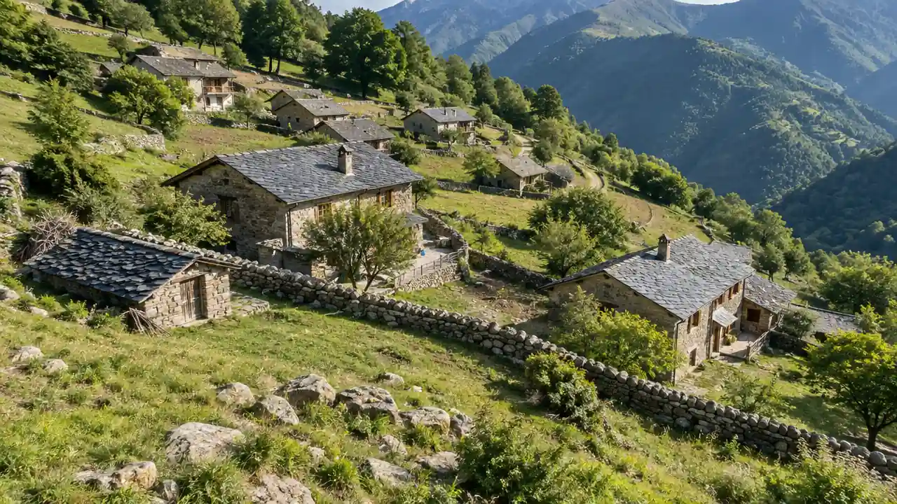山间台地与坡地村庄的斜俯航拍场景