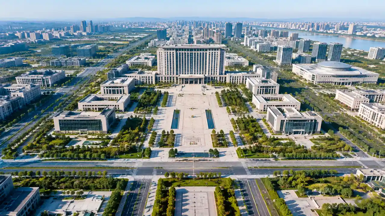 政务新区航拍:行政楼群、中轴广场与规整路网