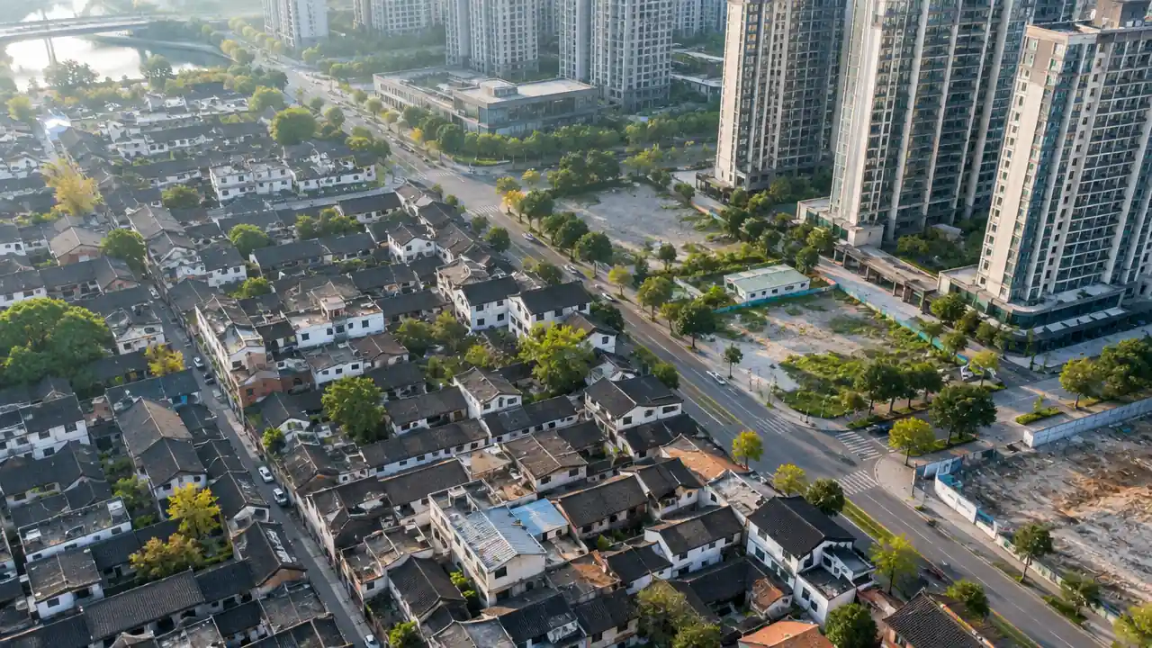 老城更新片区航拍场景,低层老街区与新建高层相邻,道路与空地穿插其间