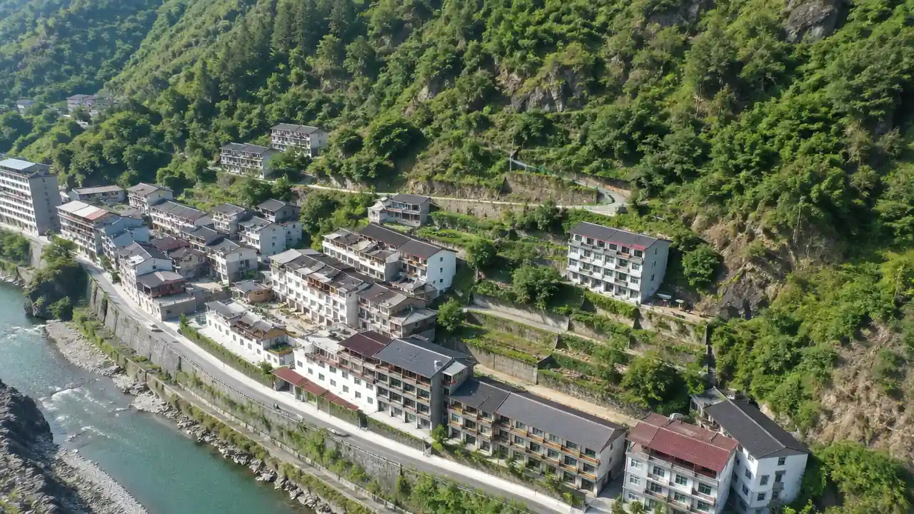 山脚建筑群与坡地交界的航拍纯场景