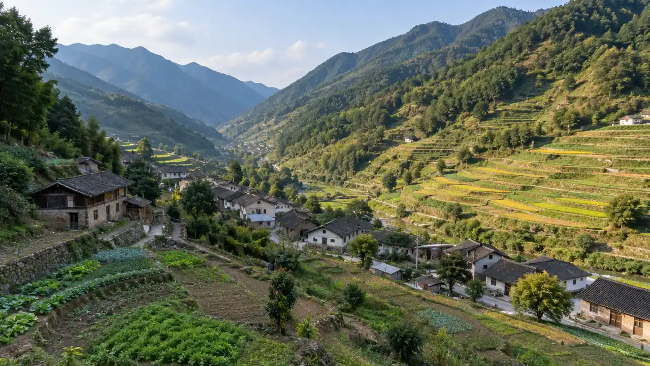 山坡梯田、村舍与乡间道路