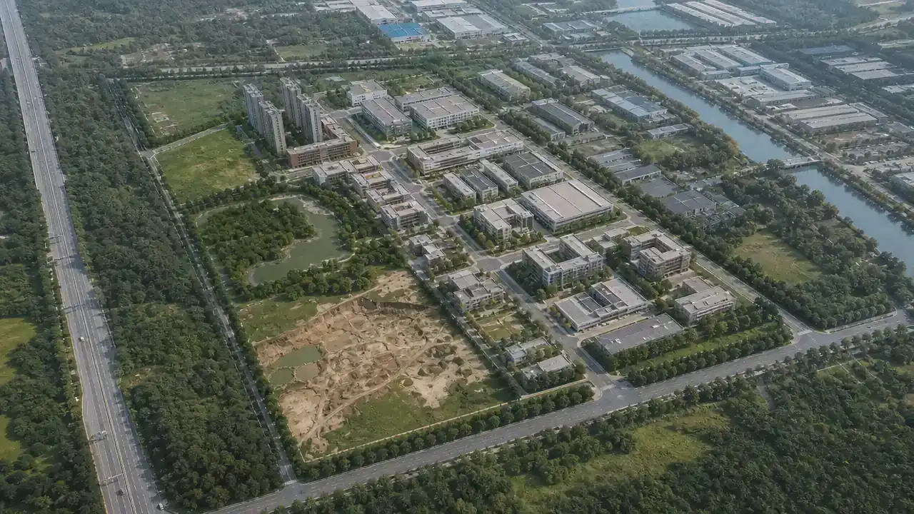 成片建筑与周边农田航拍