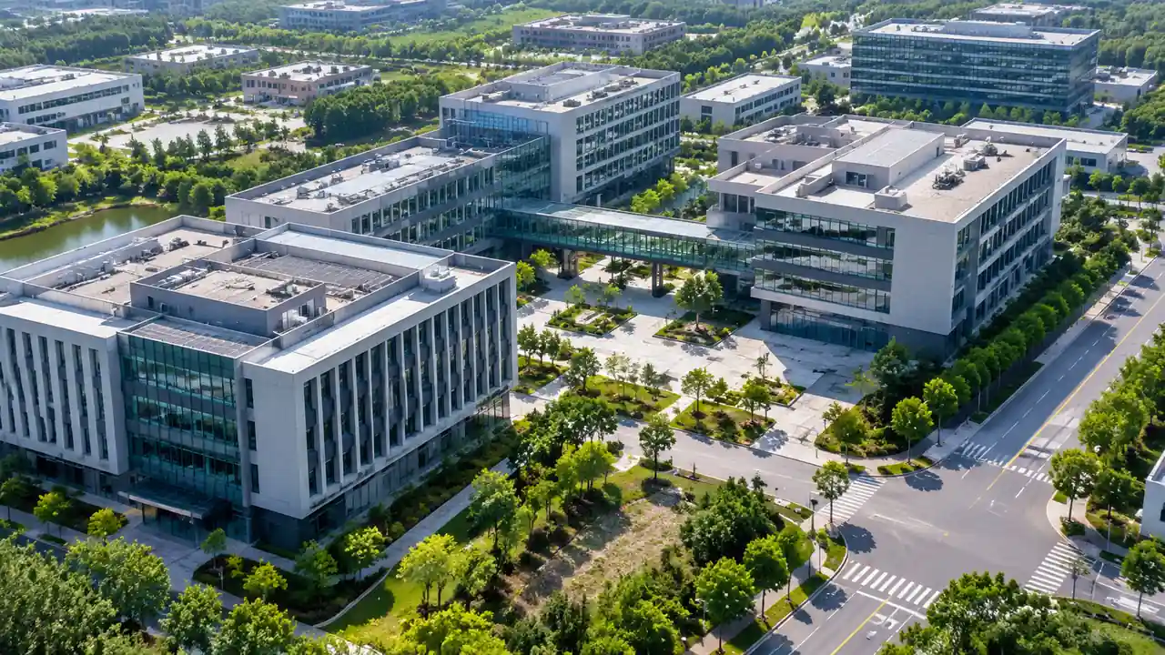 科技园区航拍:研发楼群与中央绿地