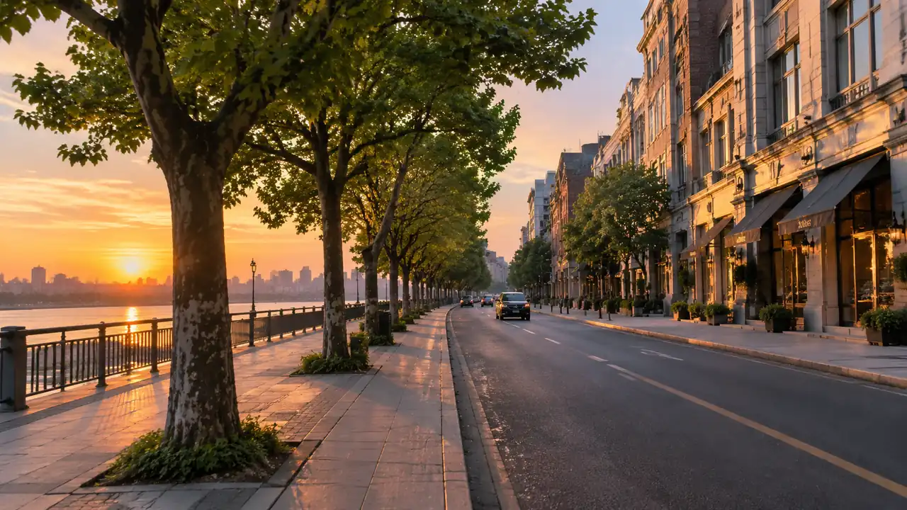 傍晚时分人视广角下的城市街区，道路、行道树与沿街建筑构成完整的生活场景