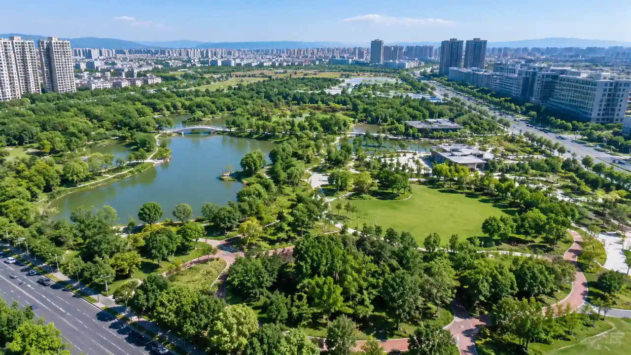 住区楼群环绕湖面,绿地与步道相连