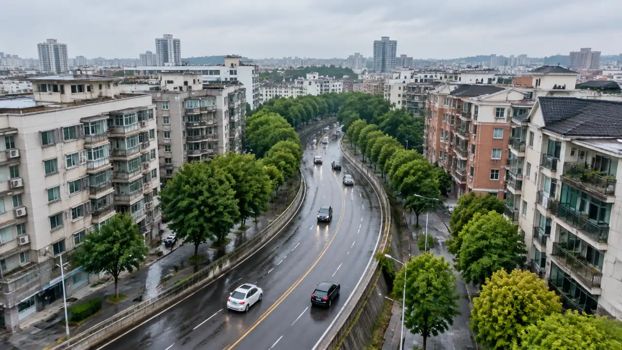林荫街道与沿街住宅俯拍