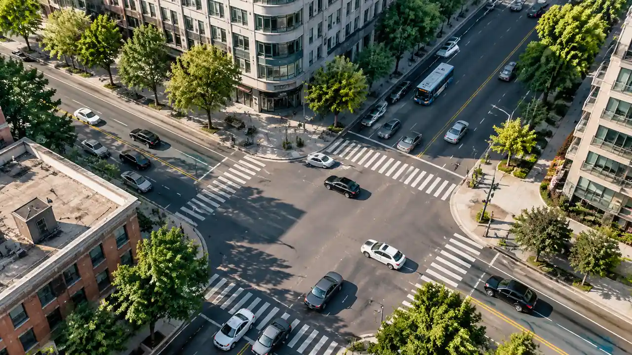 城市街区与道路网的低空斜拍场景,十字路口、沿街楼宇与行道树清晰可见