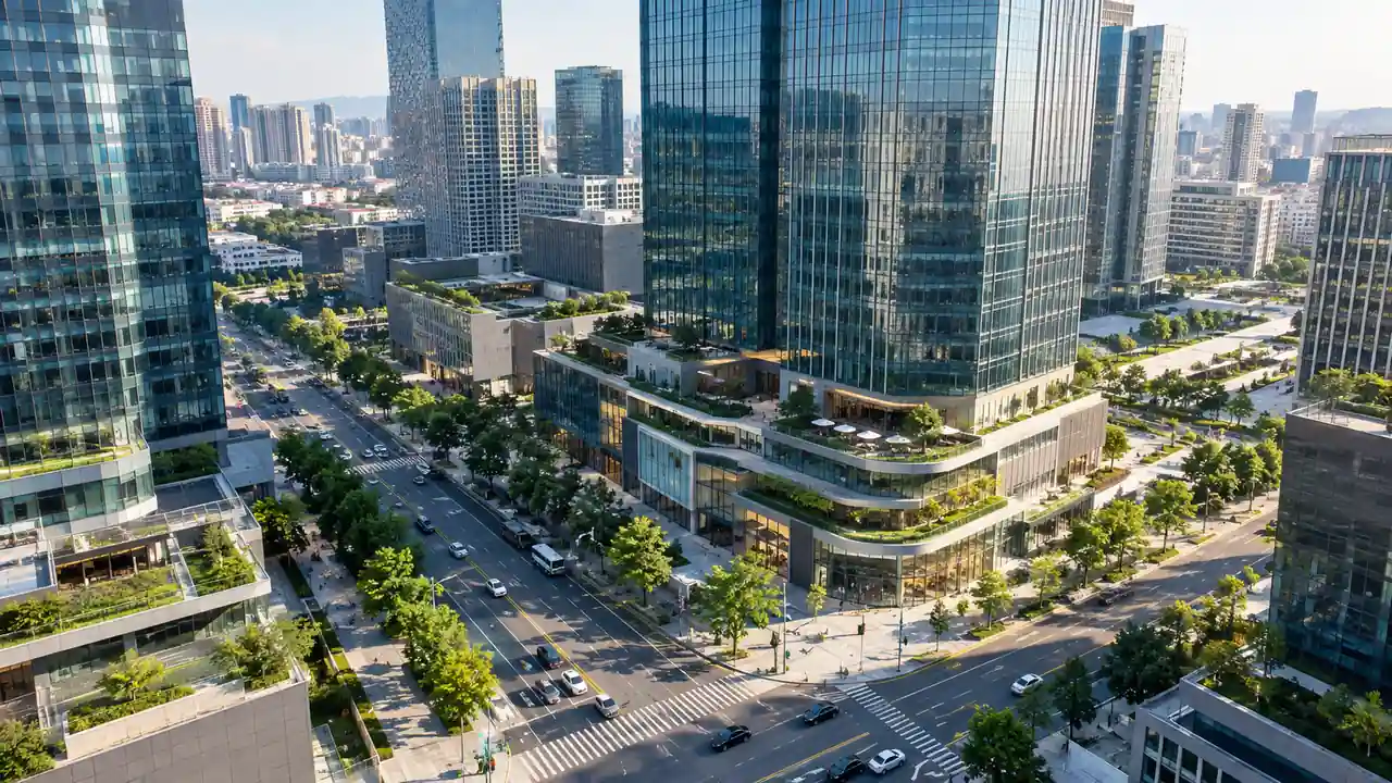 商务区楼宇立面、退台裙房与街道交汇处的低空斜拍场景